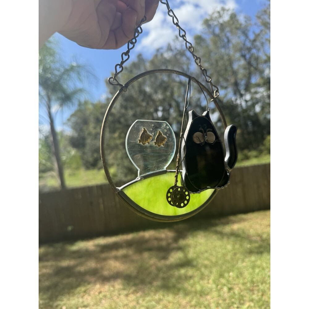 Primitive Black Cat Sun Catcher Stained Glass Window Fish Bowl Handmade 6 INCH - Picture 13 of 14